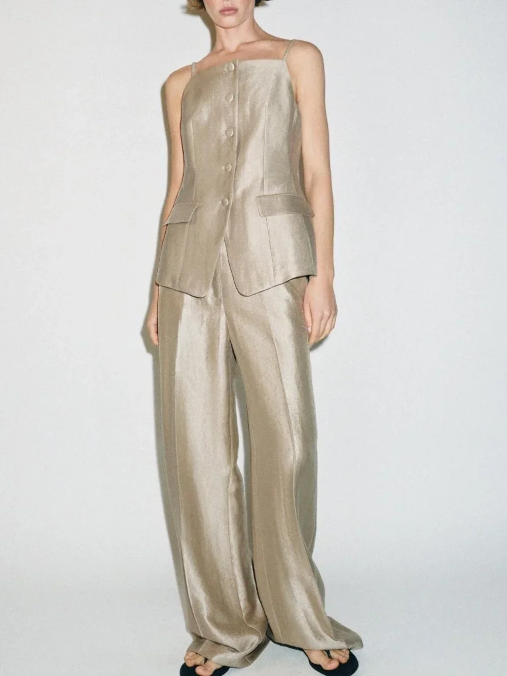 Zara High-Waisted Straight Leg Pant Soft Gold NWT Size S - Picture 1 of 5